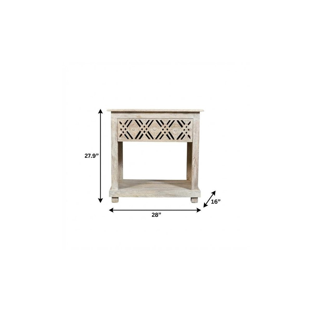 White Solid Wood Distressed Carved Geometric One Drawer Nightstand - 28-inch