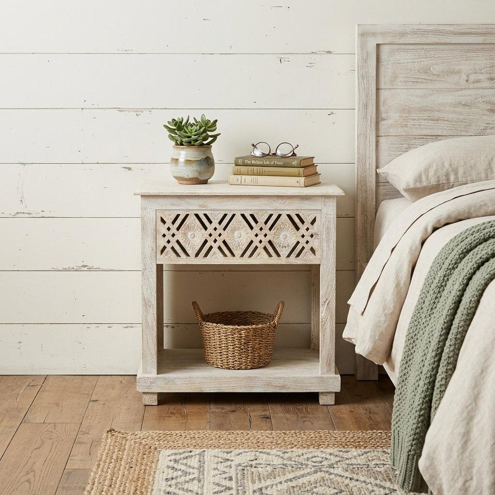 White Solid Wood Distressed Carved Geometric One Drawer Nightstand - 28-inch