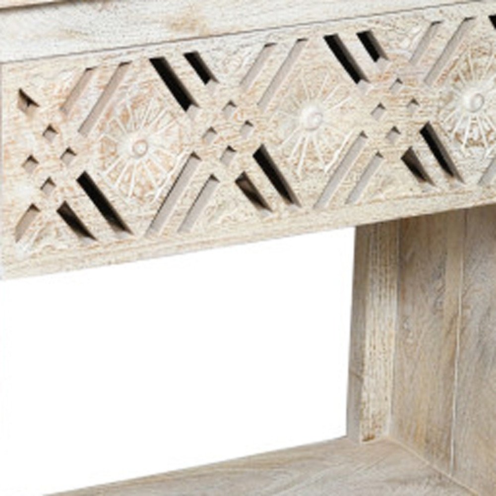 White Solid Wood Distressed Carved Geometric One Drawer Nightstand - 28-inch