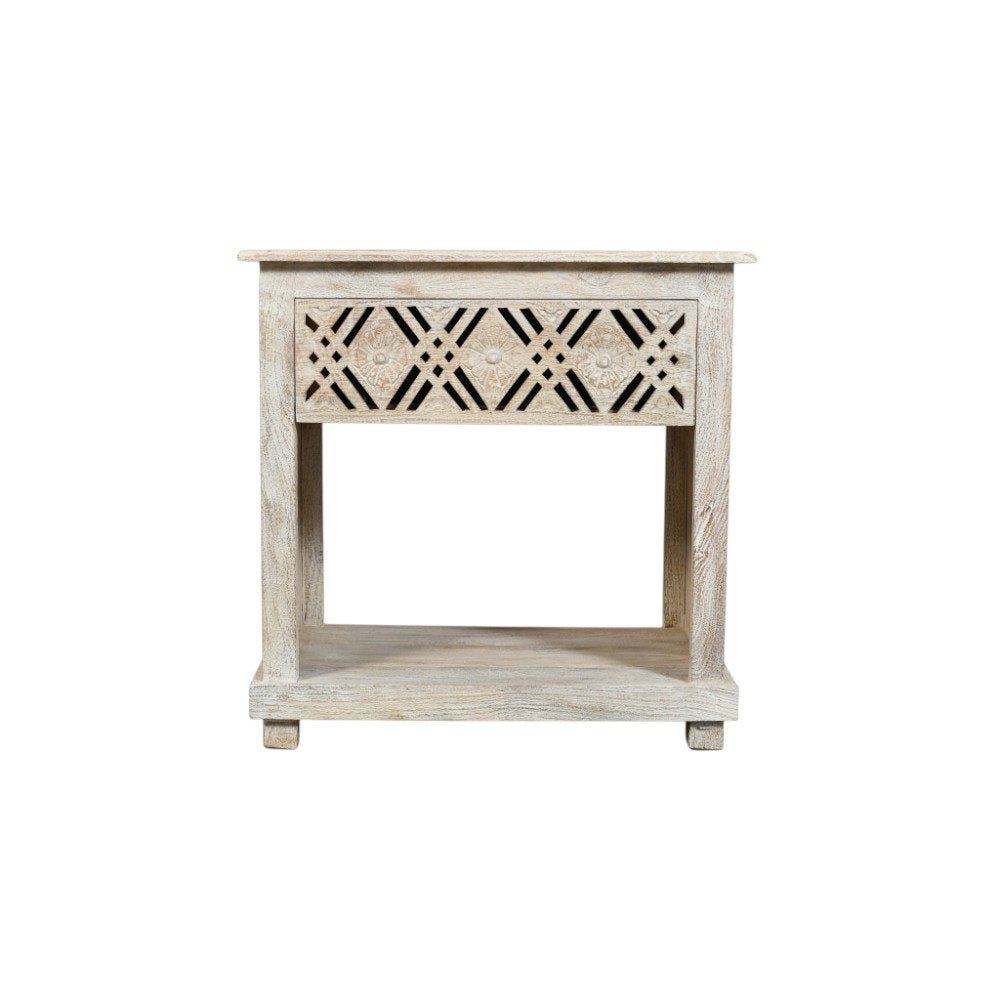 White Solid Wood Distressed Carved Geometric One Drawer Nightstand - 28-inch