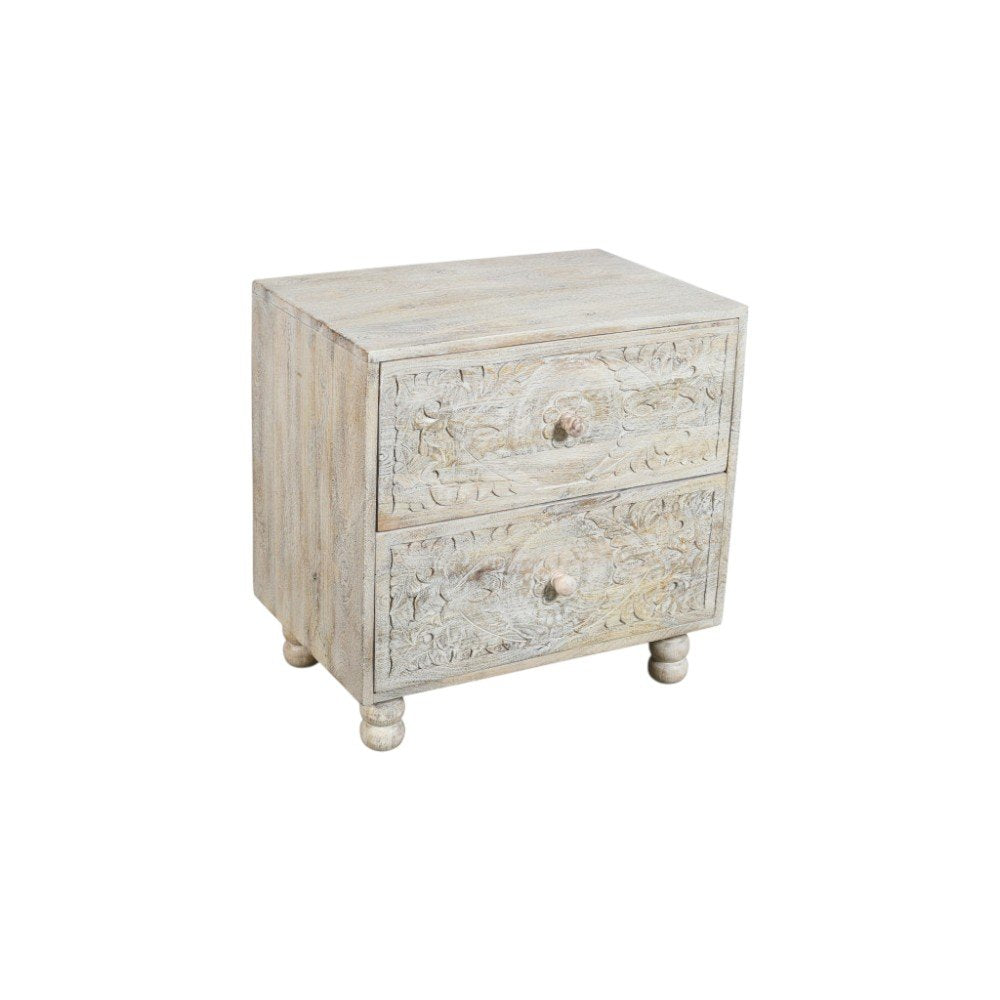 Natural and White Solid Wood Carved Scrollwork Two Drawer Nightstand - 24-inch