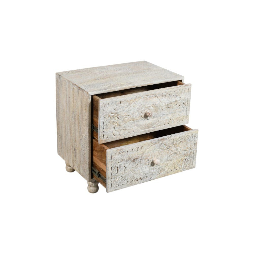 Natural and White Solid Wood Carved Scrollwork Two Drawer Nightstand - 24-inch