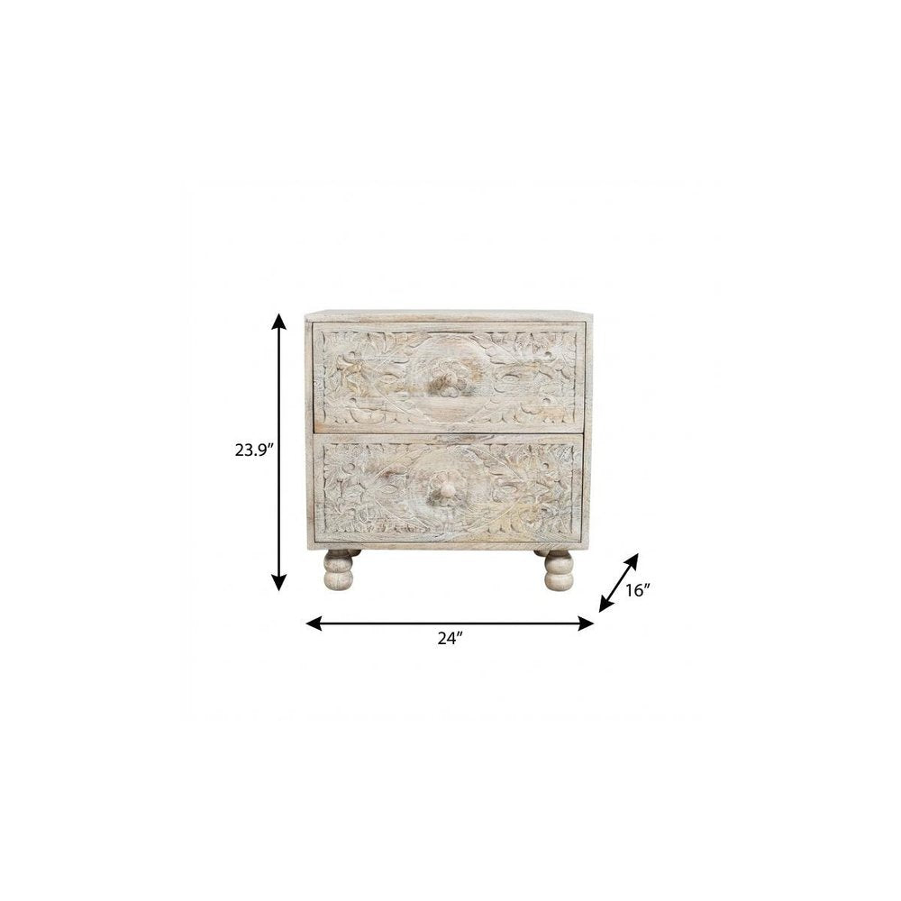 Natural and White Solid Wood Carved Scrollwork Two Drawer Nightstand - 24-inch