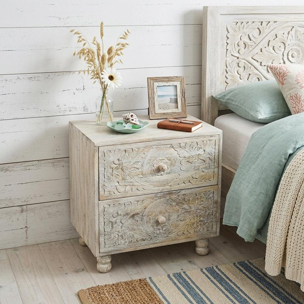 Natural and White Solid Wood Carved Scrollwork Two Drawer Nightstand - 24-inch