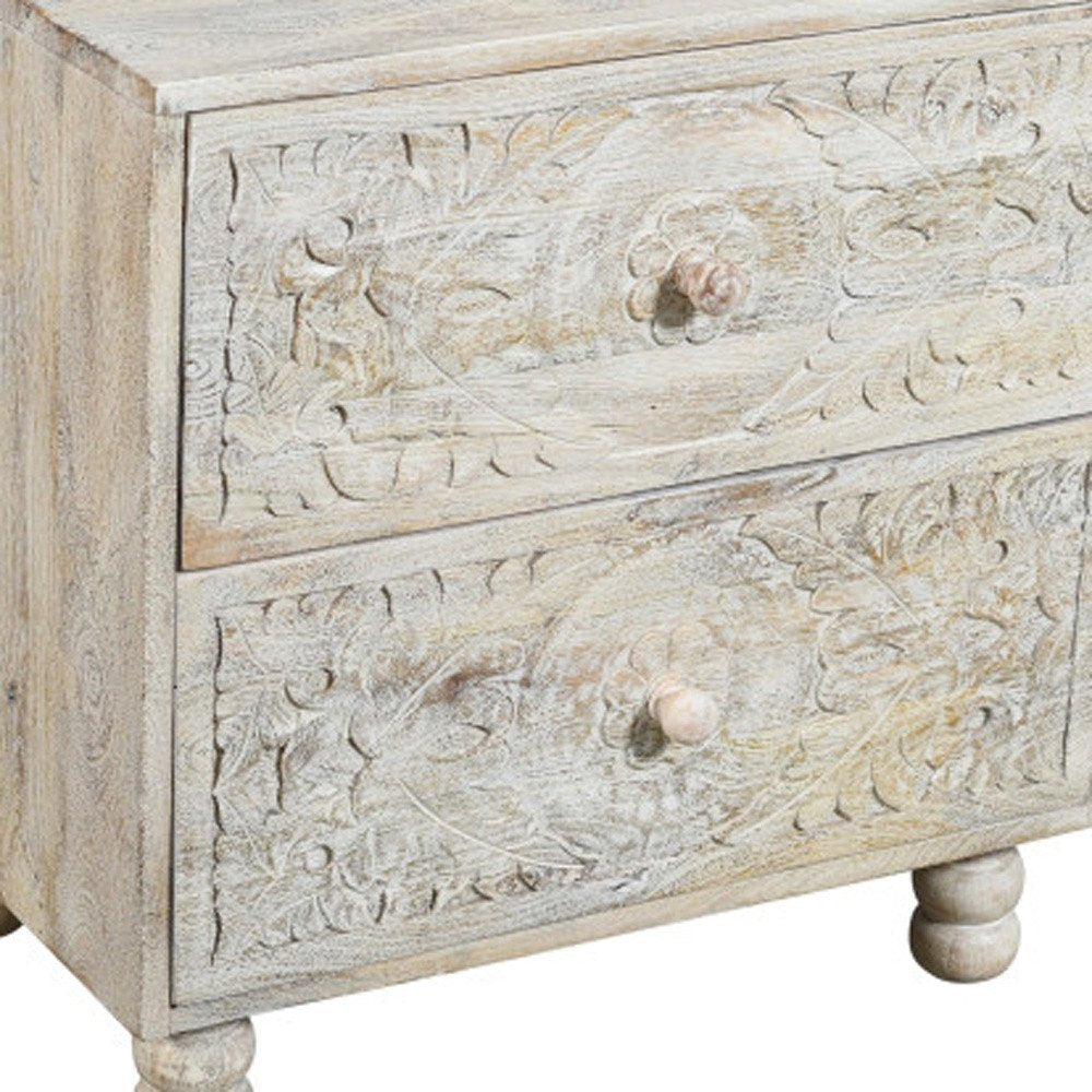 Natural and White Solid Wood Carved Scrollwork Two Drawer Nightstand - 24-inch