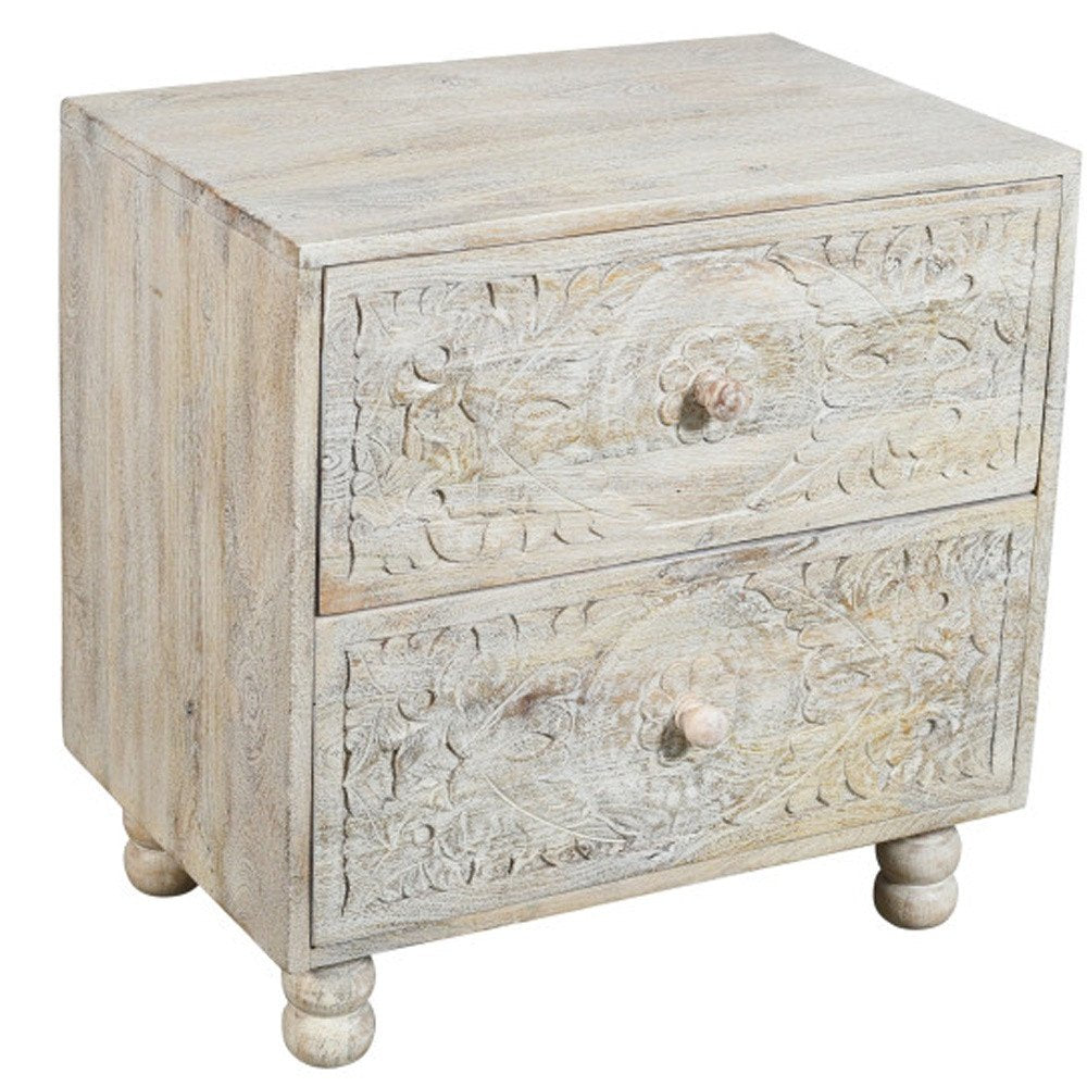 Natural and White Solid Wood Carved Scrollwork Two Drawer Nightstand - 24-inch