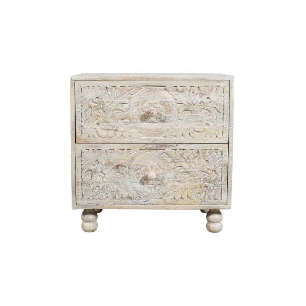 Natural and White Solid Wood Carved Scrollwork Two Drawer Nightstand - 24-inch