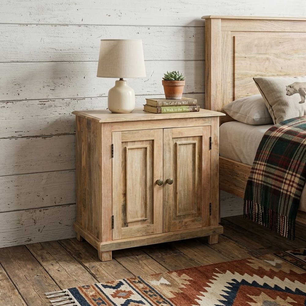 Distressed Natural Solid Wood Nightstand with Storage - 28-inch