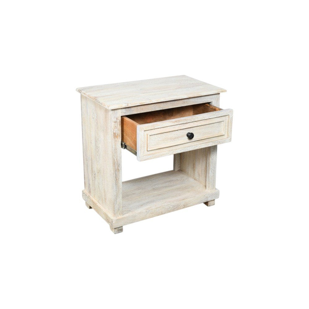 White Solid Wood Distressed One Drawer Nightstand - 28-inch