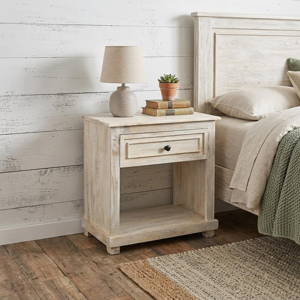 White Solid Wood Distressed One Drawer Nightstand - 28-inch