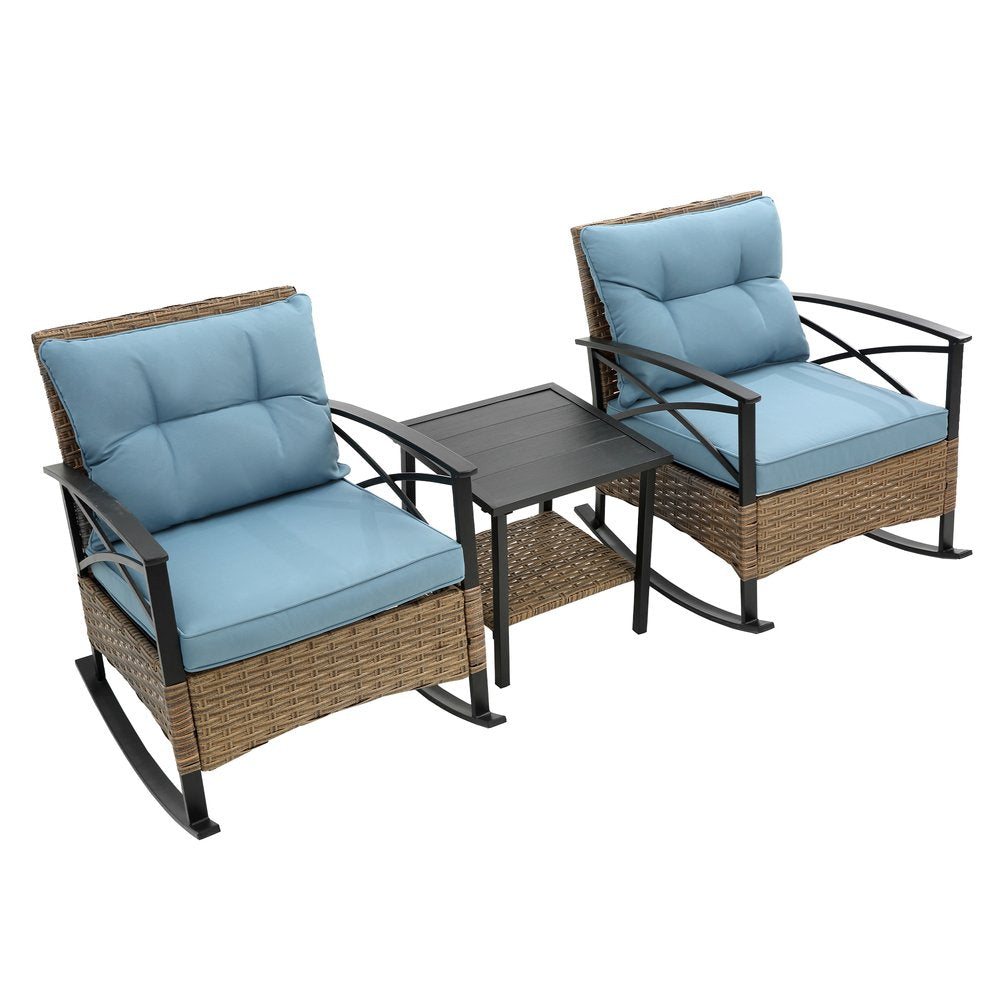 Three Piece Black Natural and Light Blue Rattan Two Person Seating Group with Table