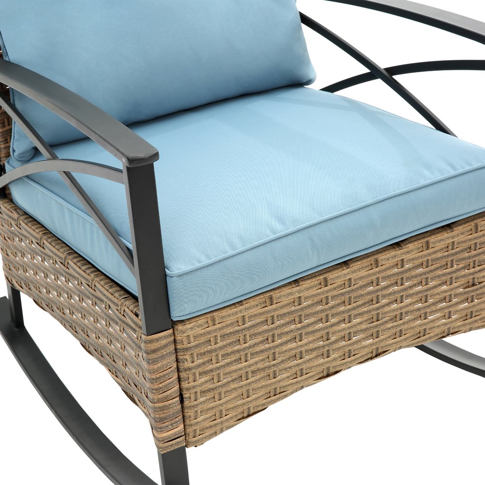 Three Piece Black Natural and Light Blue Rattan Two Person Seating Group with Table