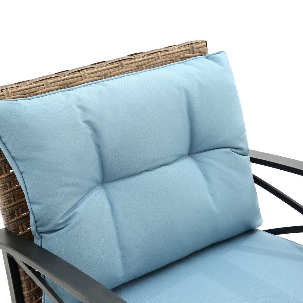 Three Piece Black Natural and Light Blue Rattan Two Person Seating Group with Table