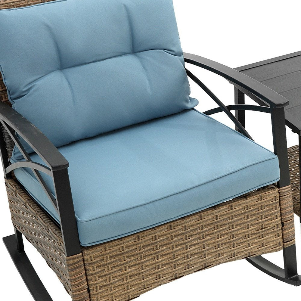 Three Piece Black Natural and Light Blue Rattan Two Person Seating Group with Table