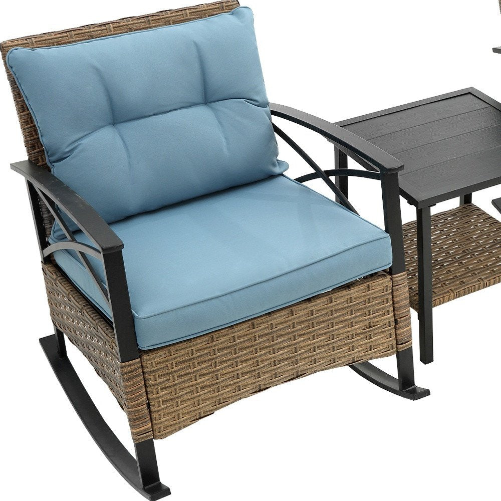 Three Piece Black Natural and Light Blue Rattan Two Person Seating Group with Table