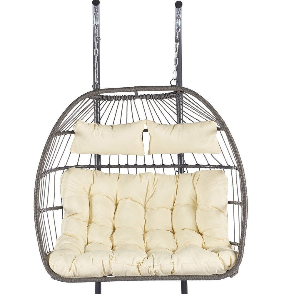 Beige Gray and Black Faux Rattan Steel Outdoor Folding Egg Chair