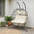 Beige Gray and Black Faux Rattan Steel Outdoor Folding Egg Chair
