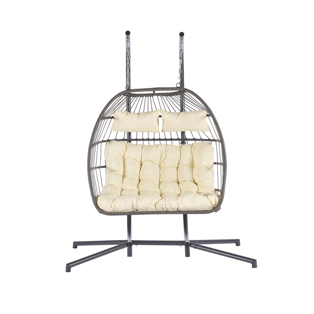 Beige Gray and Black Faux Rattan Steel Outdoor Folding Egg Chair
