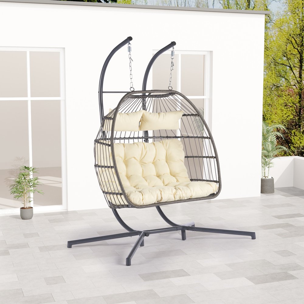 Beige Gray and Black Faux Rattan Steel Outdoor Folding Egg Chair