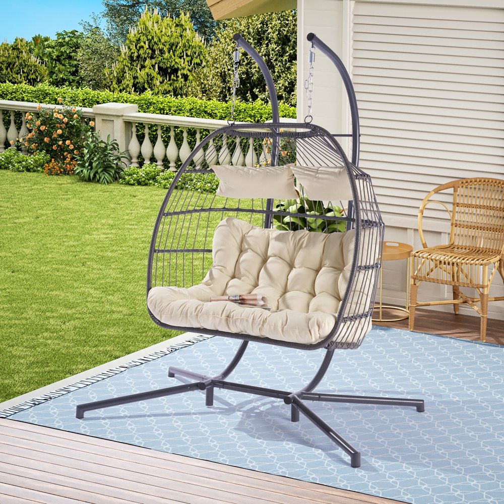 Beige Gray and Black Faux Rattan Steel Outdoor Folding Egg Chair