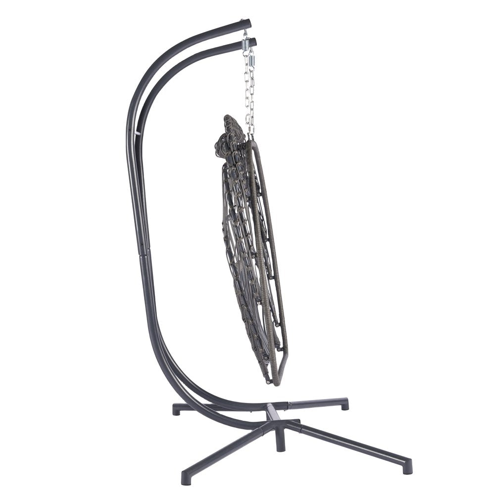 Beige Gray and Black Faux Rattan Steel Outdoor Folding Egg Chair