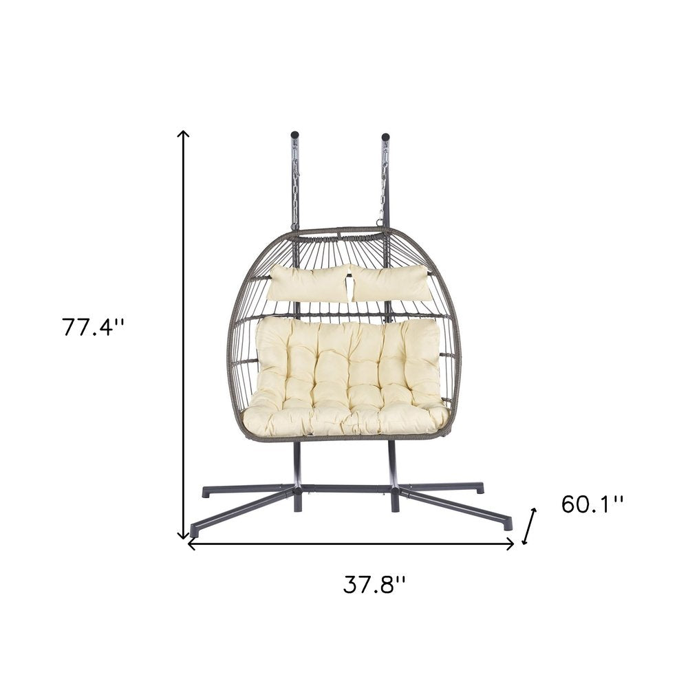 Beige Gray and Black Faux Rattan Steel Outdoor Folding Egg Chair