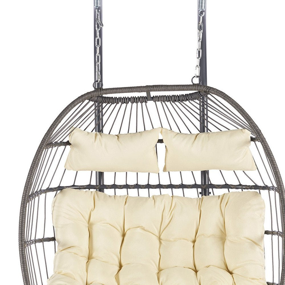 Beige Gray and Black Faux Rattan Steel Outdoor Folding Egg Chair