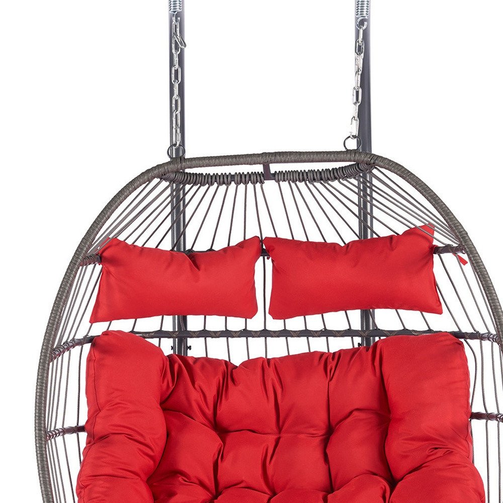 Red Gray and Black Faux Rattan Steel Outdoor Folding Egg Chair
