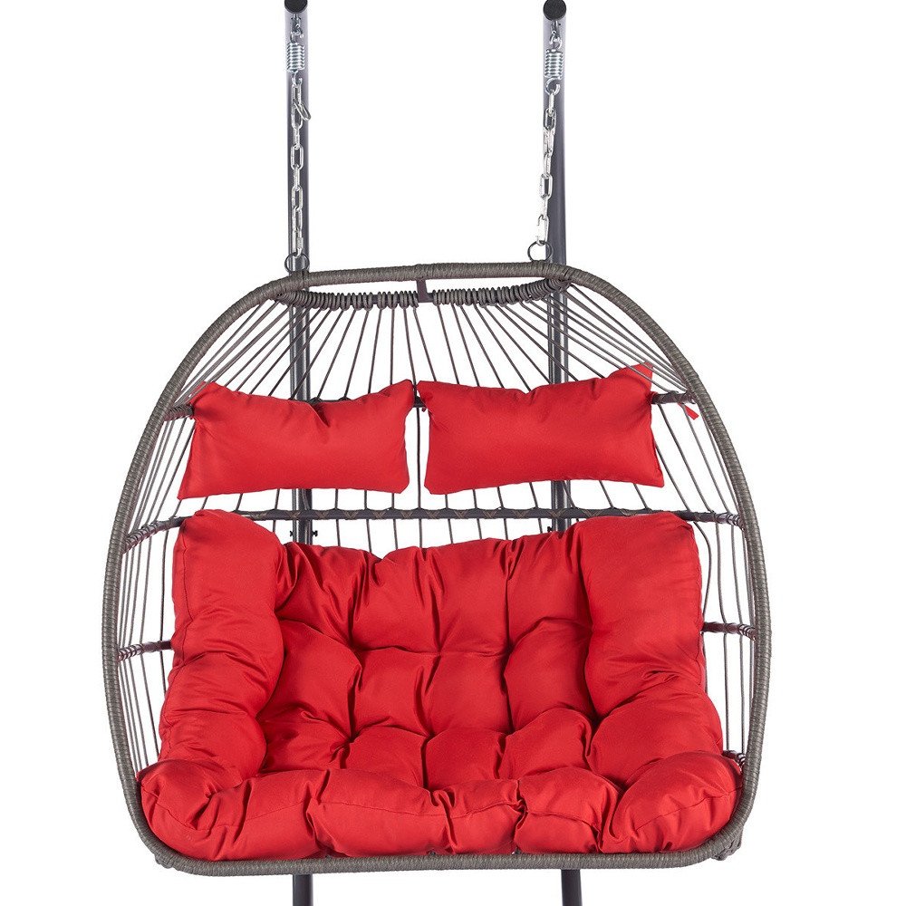 Red Gray and Black Faux Rattan Steel Outdoor Folding Egg Chair