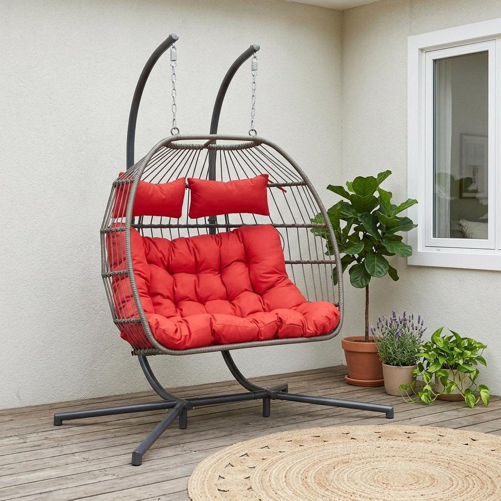 Red Gray and Black Faux Rattan Steel Outdoor Folding Egg Chair