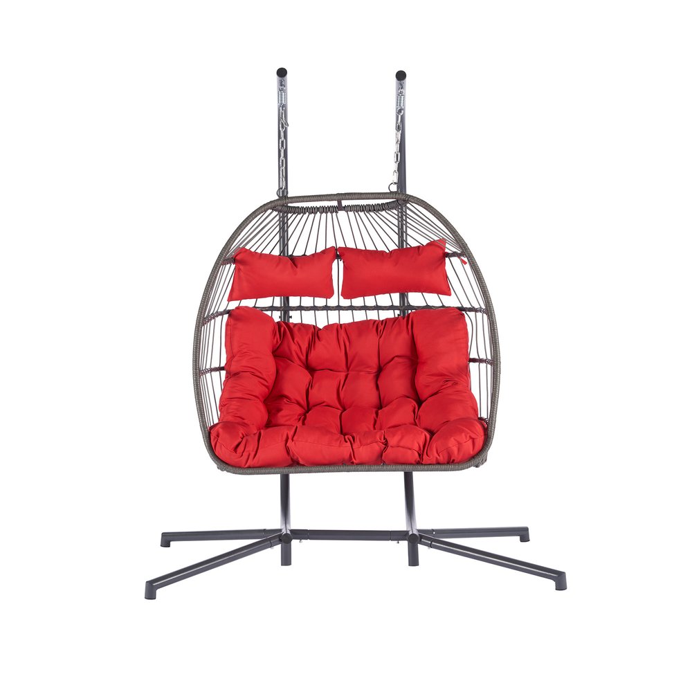 Red Gray and Black Faux Rattan Steel Outdoor Folding Egg Chair