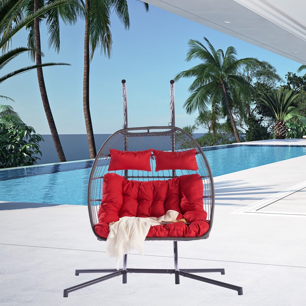 Red Gray and Black Faux Rattan Steel Outdoor Folding Egg Chair