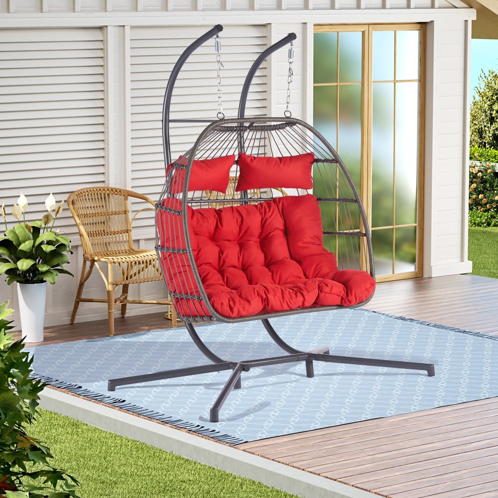 Red Gray and Black Faux Rattan Steel Outdoor Folding Egg Chair