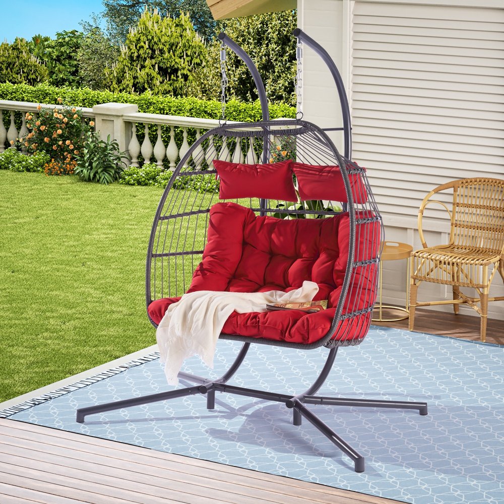 Red Gray and Black Faux Rattan Steel Outdoor Folding Egg Chair