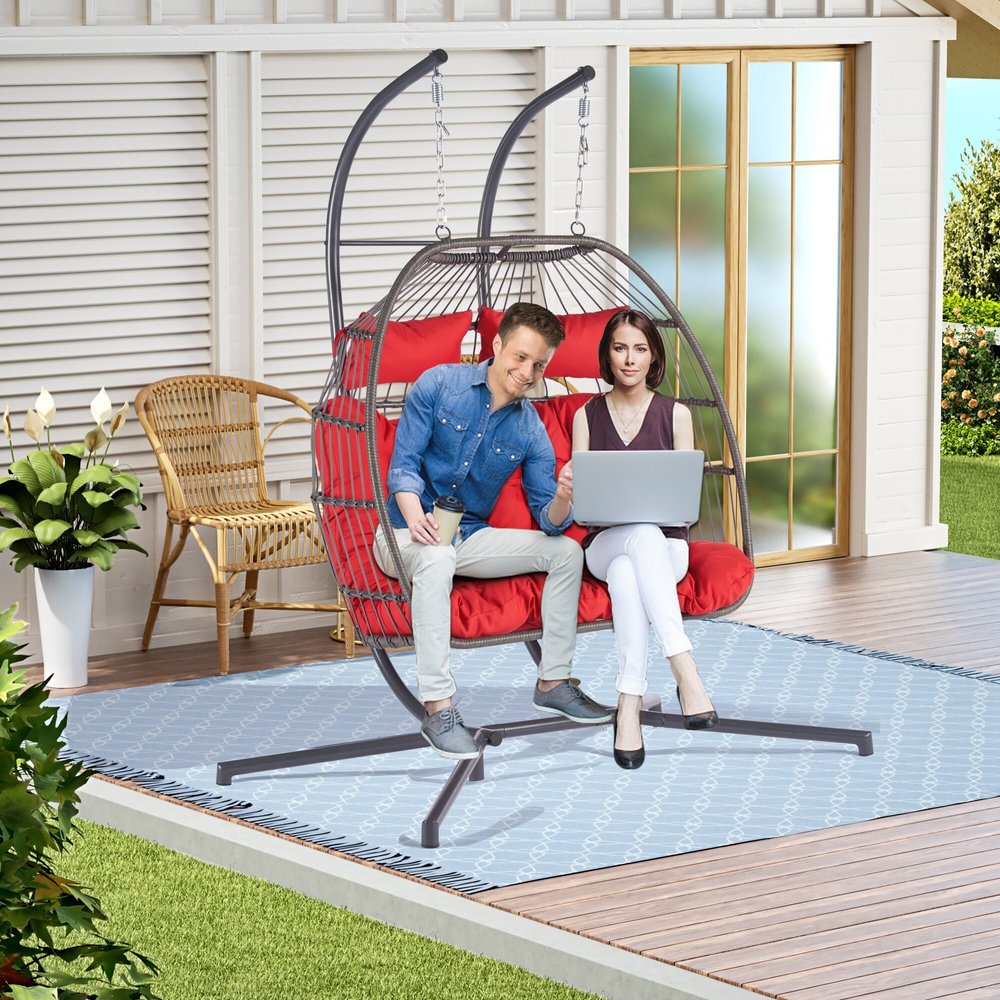 Red Gray and Black Faux Rattan Steel Outdoor Folding Egg Chair