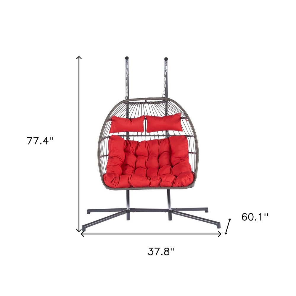 Red Gray and Black Faux Rattan Steel Outdoor Folding Egg Chair