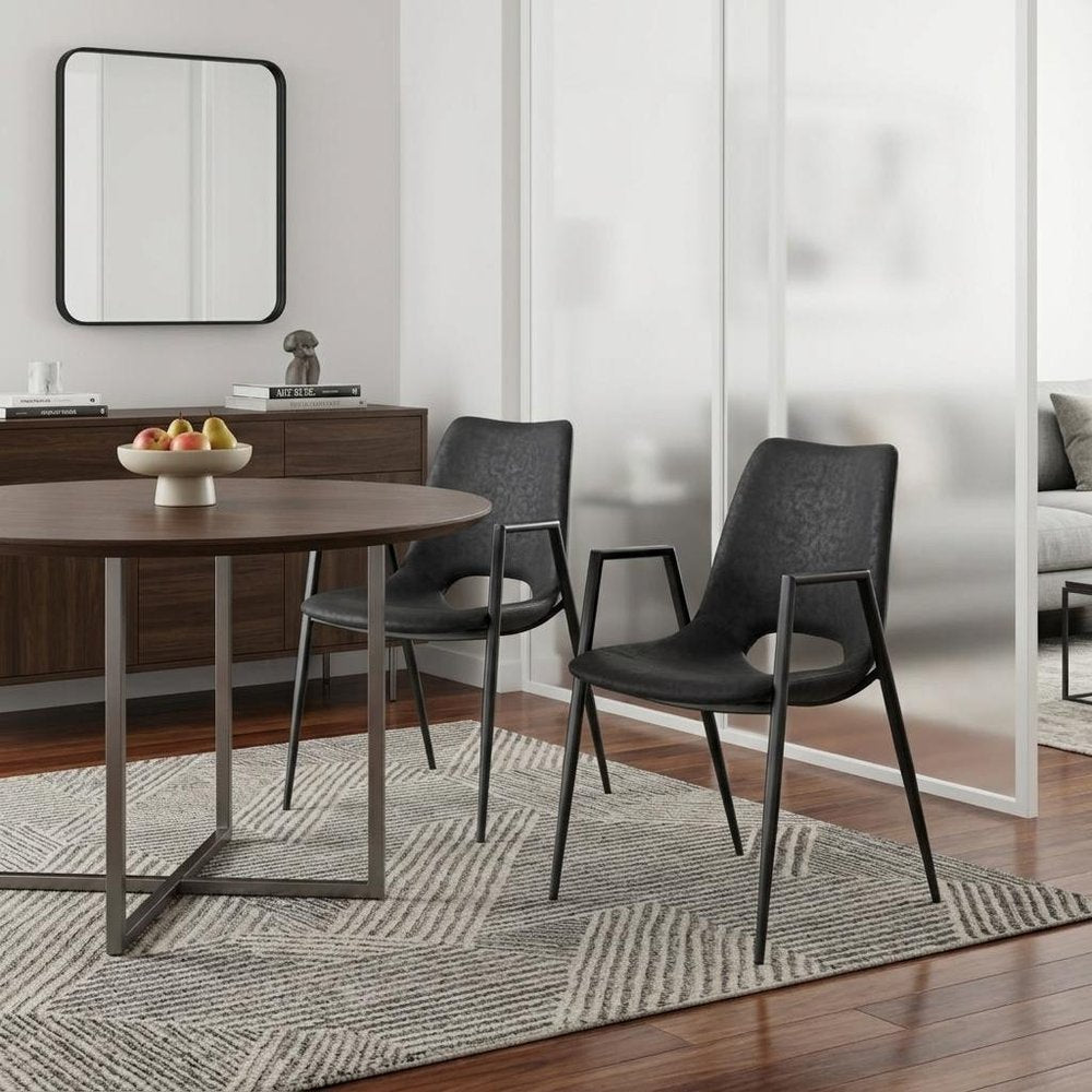 Set of Two Black Faux Leather Open Back Dining Arm Chairs
