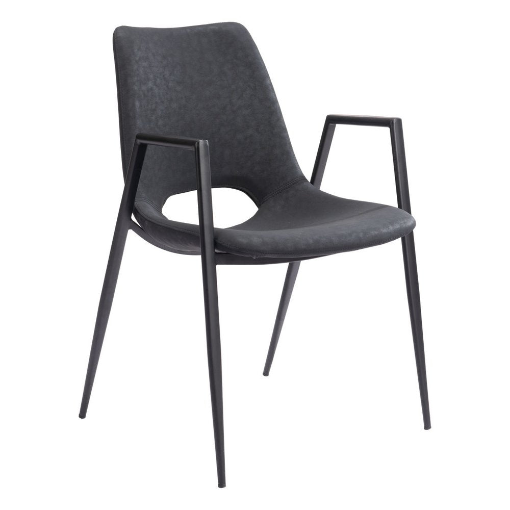 Set of Two Black Faux Leather Open Back Dining Arm Chairs