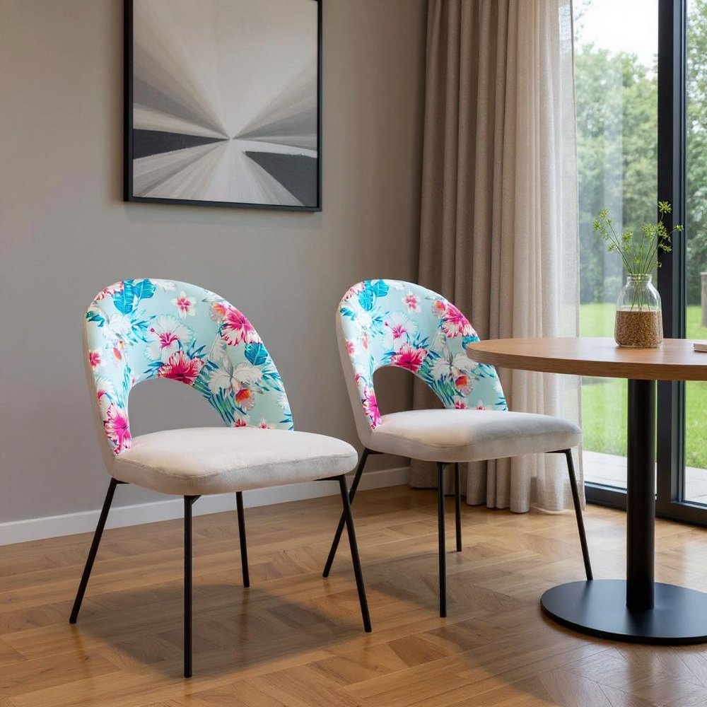 Set of Two Gray and Black Velvet and Steel Velvet and Steel Tropical Floral Dining Side Chairs