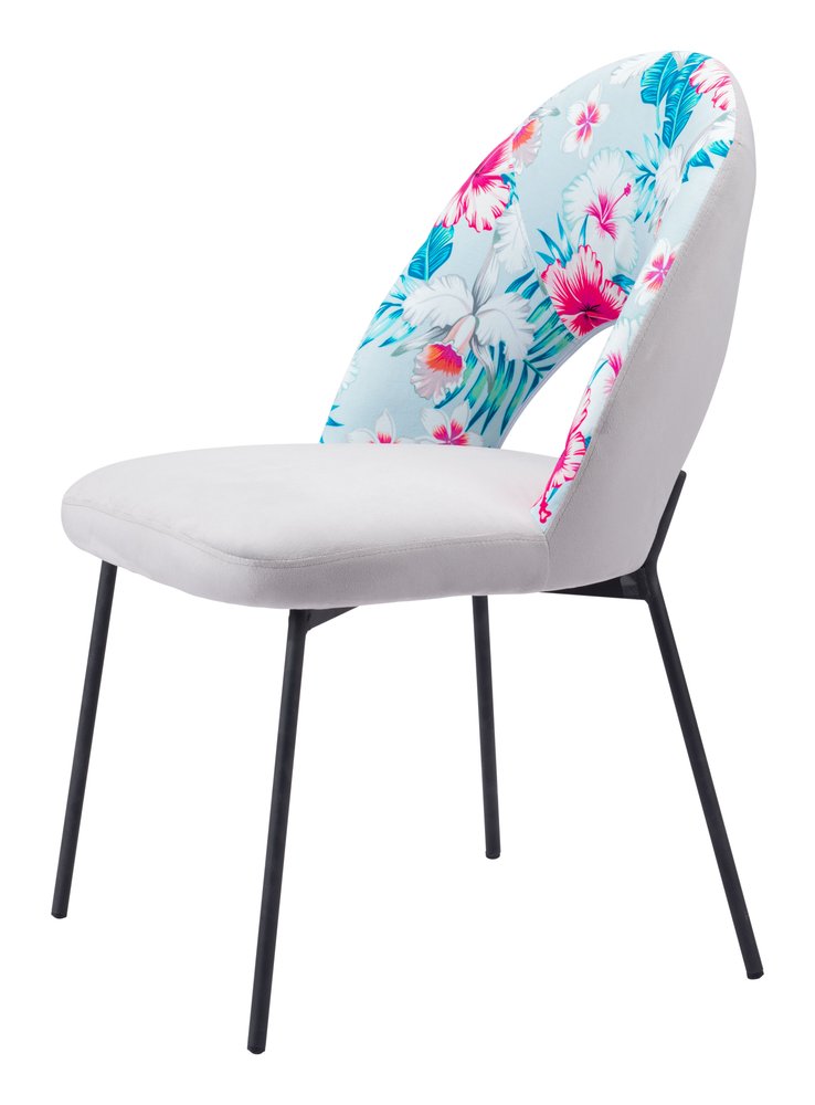 Set of Two Gray and Black Velvet and Steel Velvet and Steel Tropical Floral Dining Side Chairs