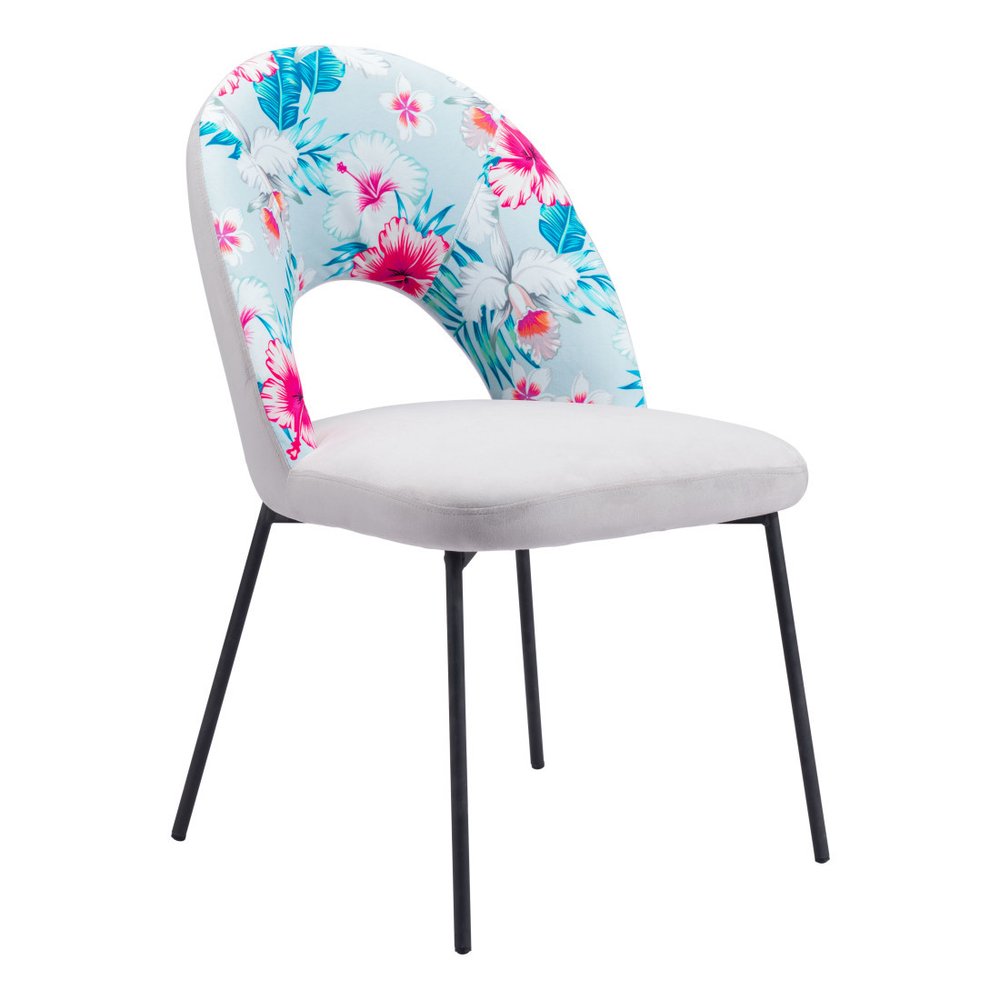 Set of Two Gray and Black Velvet and Steel Velvet and Steel Tropical Floral Dining Side Chairs