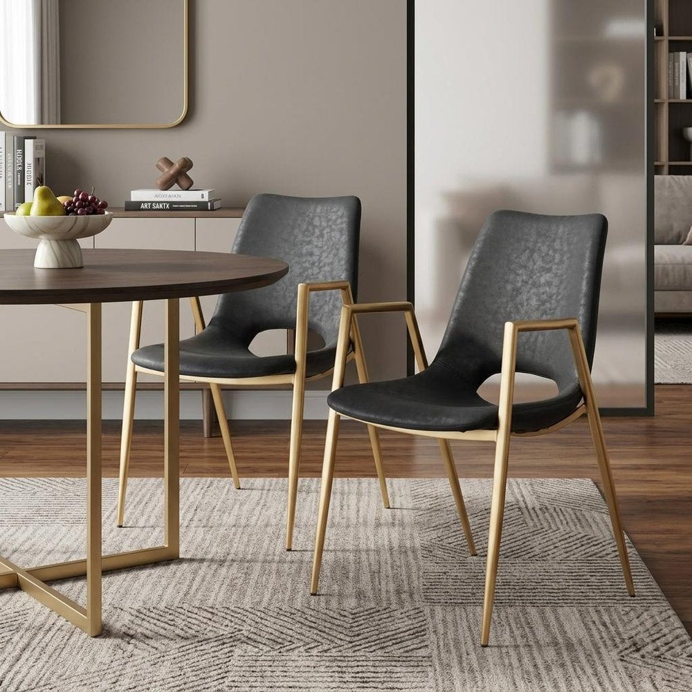 Set of Two Black and Gold Faux Leather Open Back Dining Arm Chairs