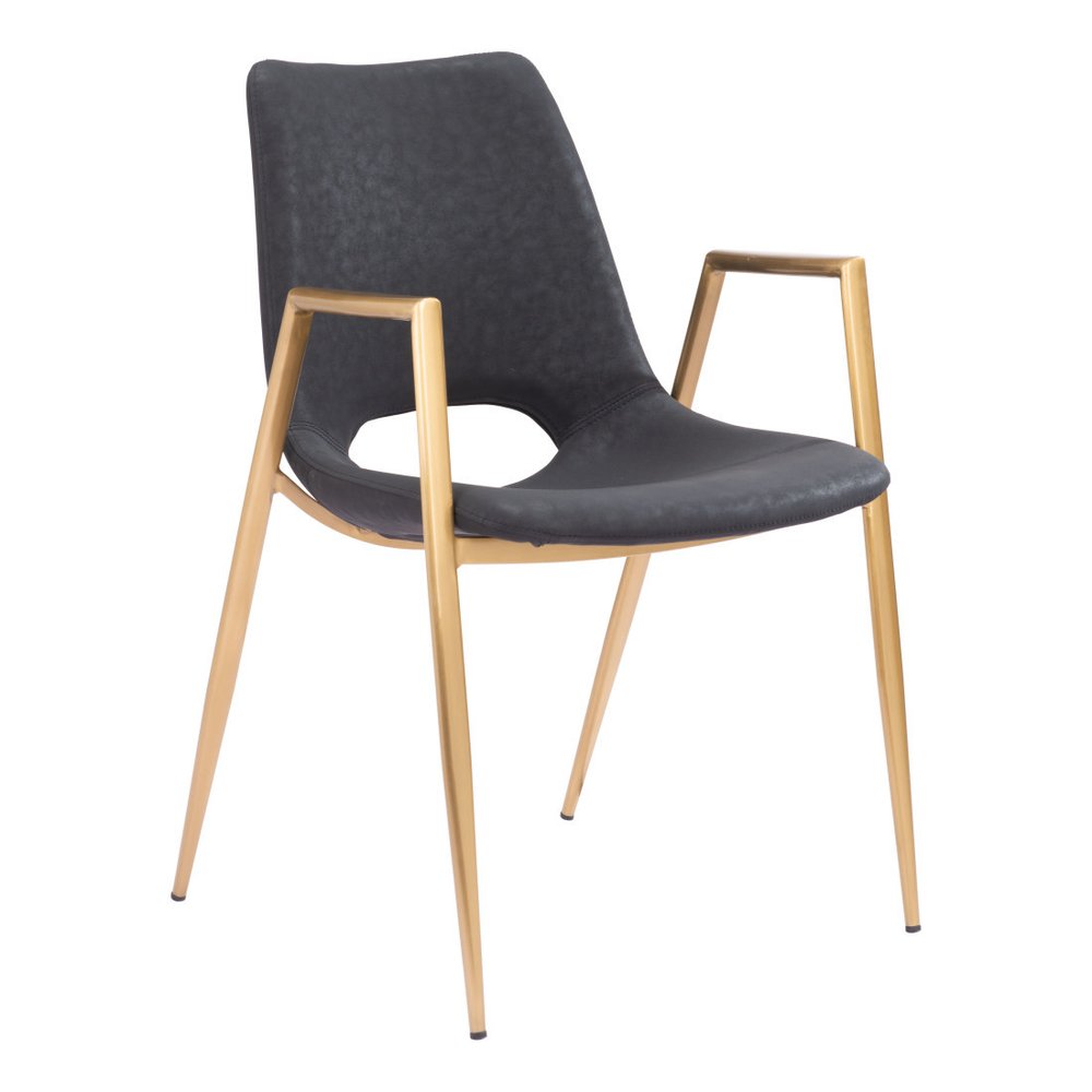 Set of Two Black and Gold Faux Leather Open Back Dining Arm Chairs