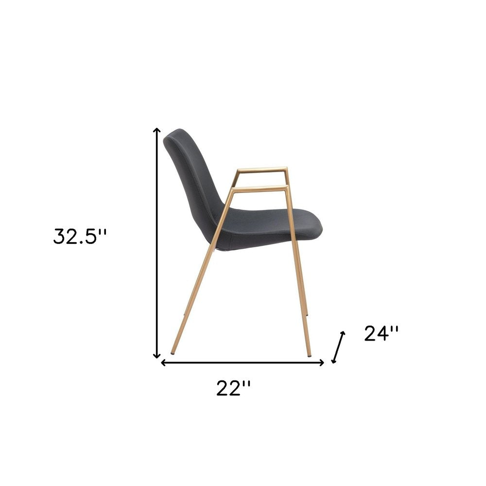 Set of Two Black and Gold Faux Leather Open Back Dining Arm Chairs