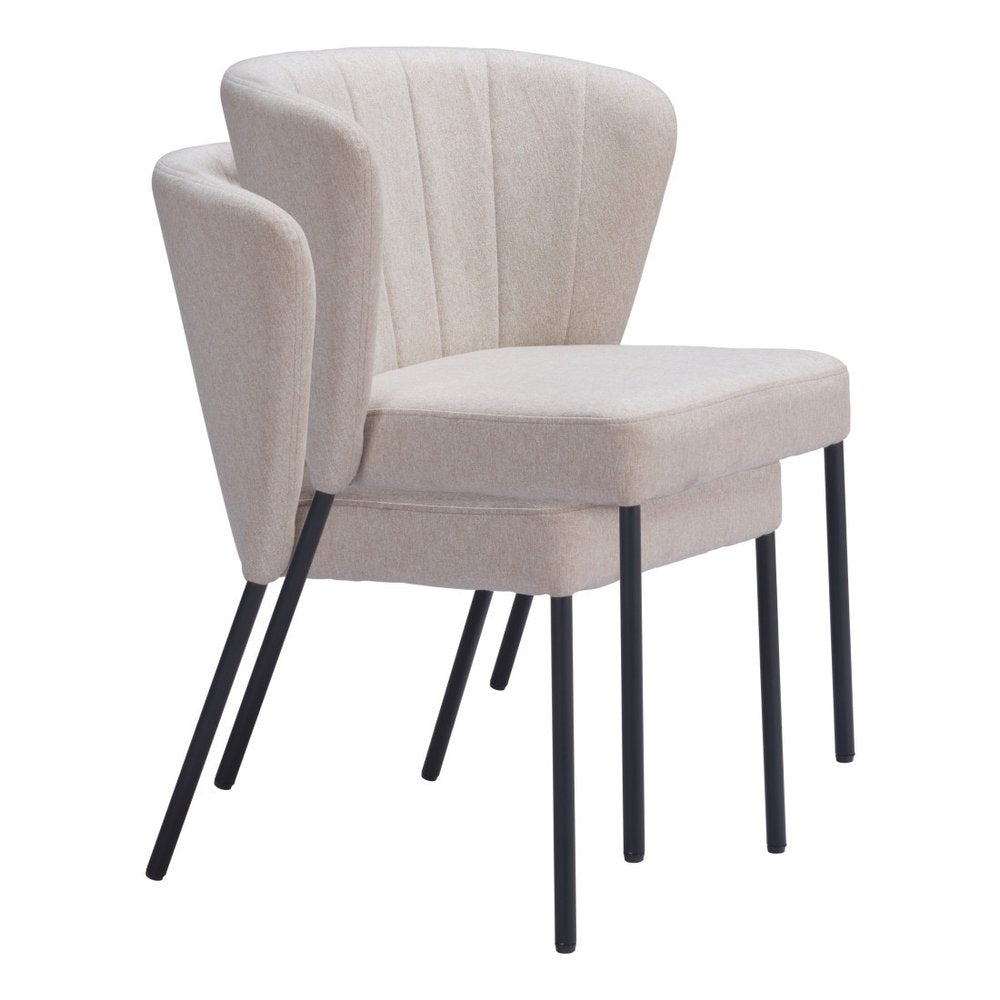 Set of Two Beige and Black Tufted Faux Linen Dining Side Chairs