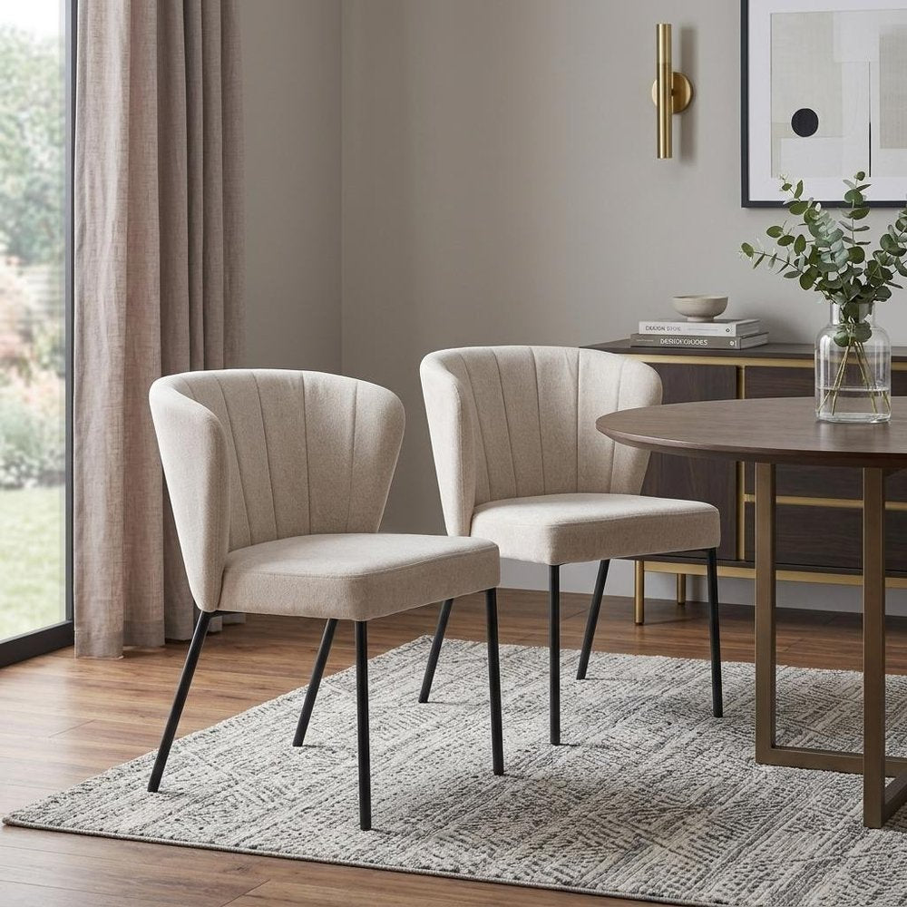 Set of Two Beige and Black Tufted Faux Linen Dining Side Chairs