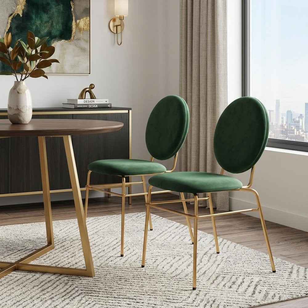Set of Two Green and Gold Velvet Open Back Dining Side Chairs