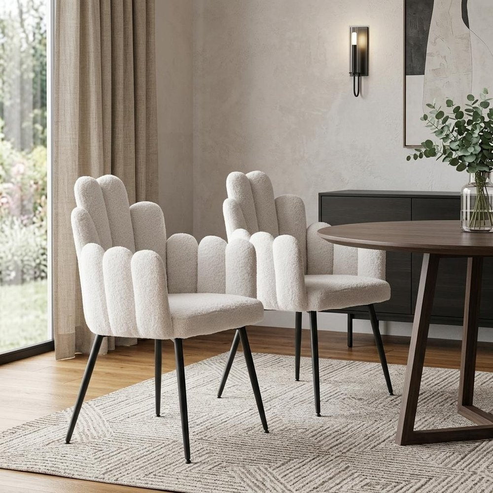 Set of Two Ivory and Black Faux Fur Slat Back Dining Arm Chairs