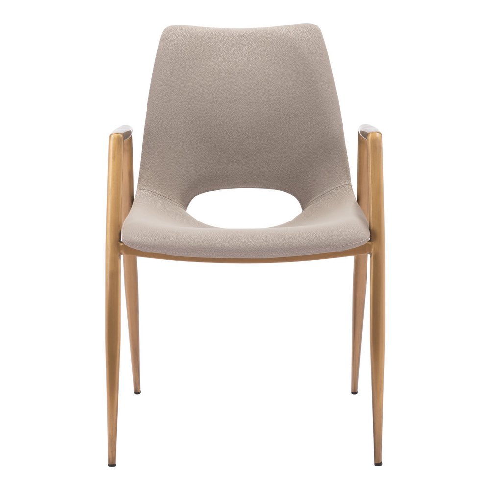 Set of Two Beige and Gold Faux Leather Open Back Dining Arm Chairs
