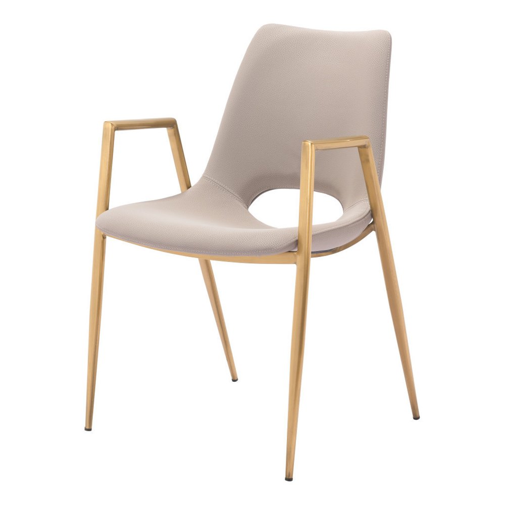 Set of Two Beige and Gold Faux Leather Open Back Dining Arm Chairs